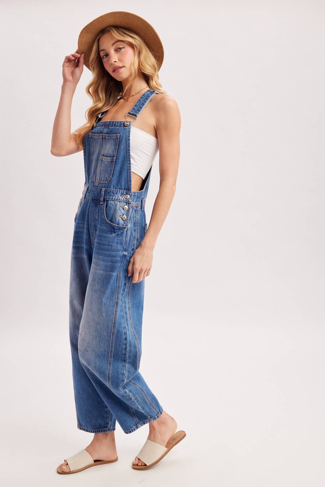DENIM BARREL OVERALLS: LT.WASH / L