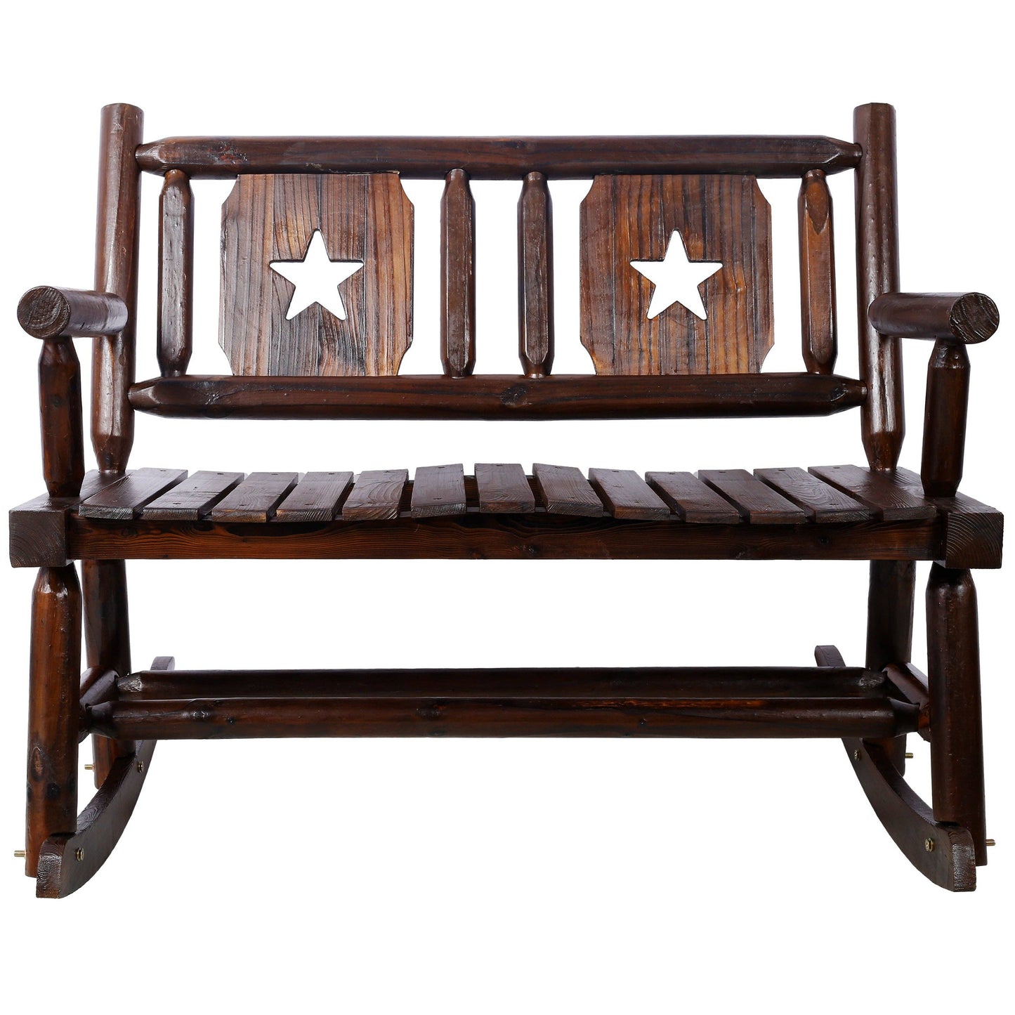 Rustic Brown Outdoor Wood Double Rocking Bench