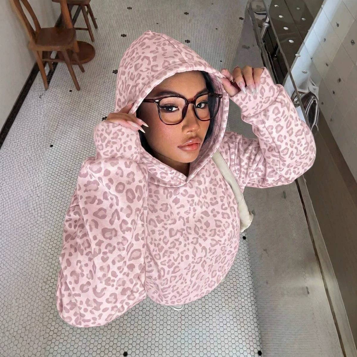 Leopard Hoodie Oversized Casual Pullover Sweatshirt: Gray Leopard / 65%viscose+35%polyester / L