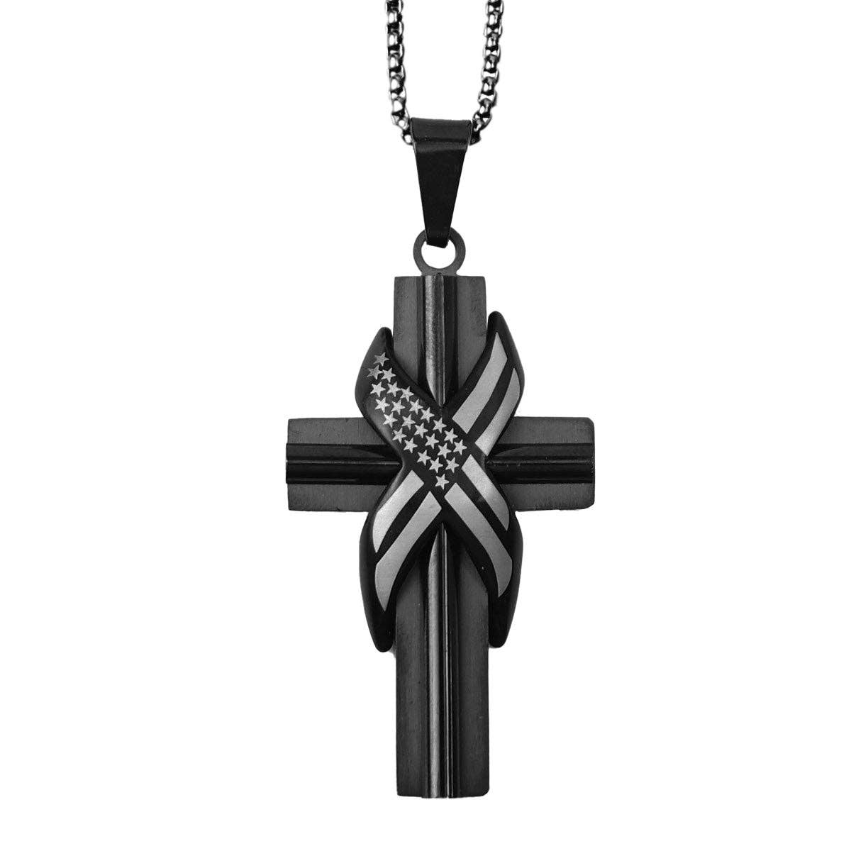 Men's Necklace Wrapped Flag Cross: Black/Silver