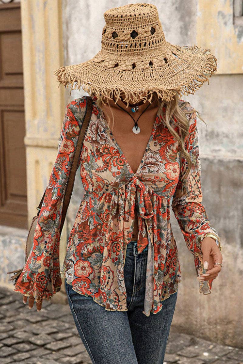 Tie Front Bell Sleeve Blouse