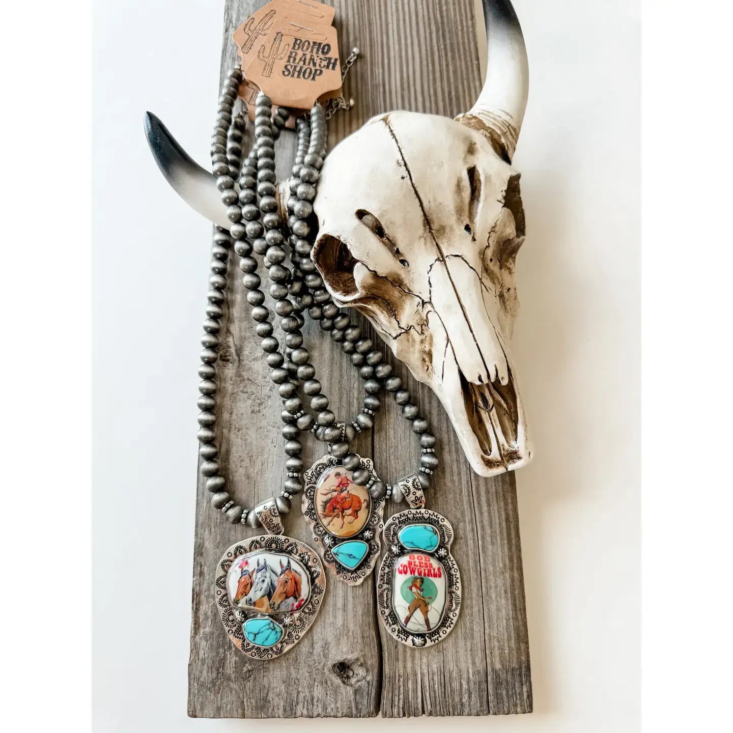 Western Print Pendant Necklace - Navajo Style Pearl: GOD BLESS COWGIRLS