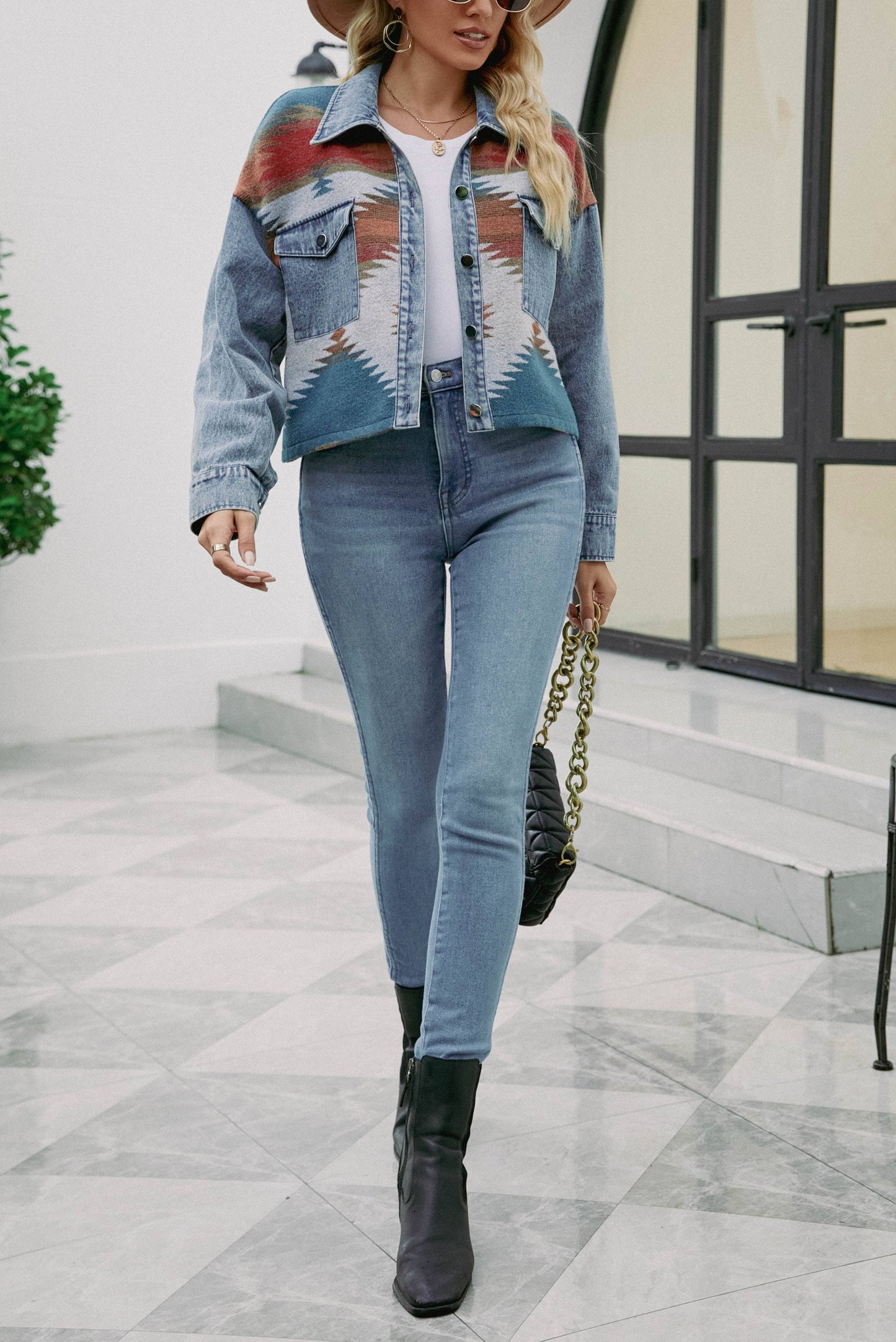 Aztec Patched Denim Cropped Jacket