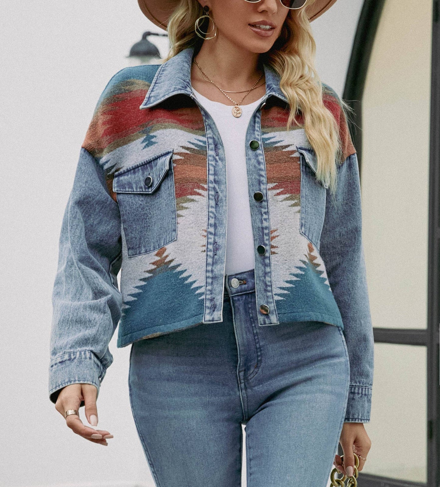 Aztec Patched Denim Cropped Jacket