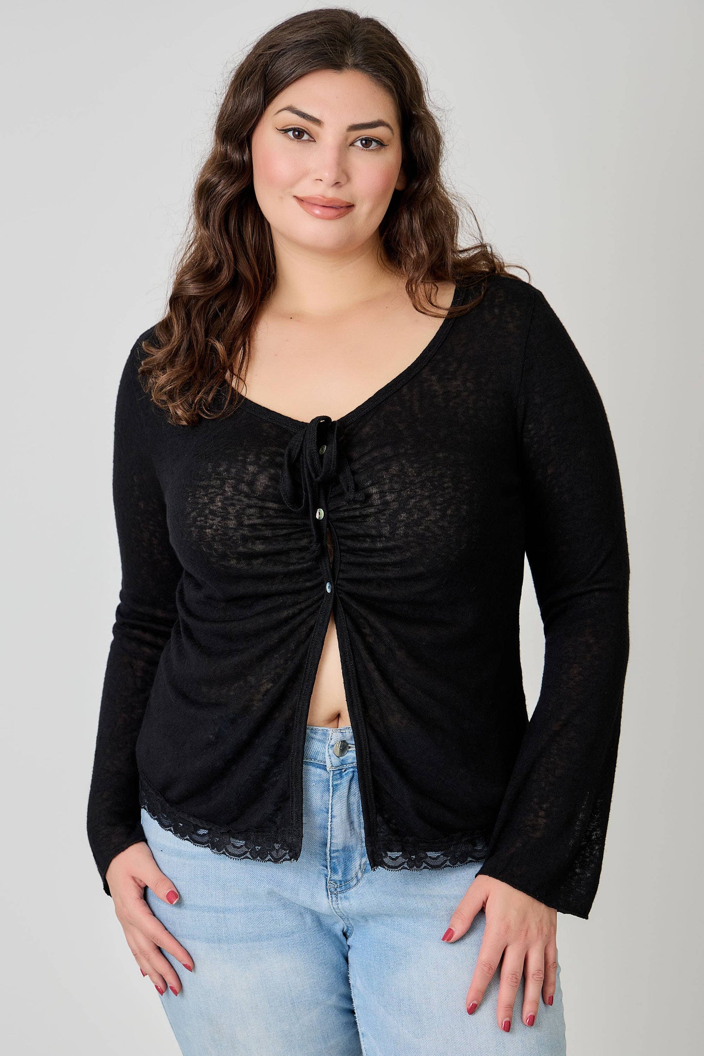 Plus Size Lightweight Knit Front Tie-Front Cardigan
