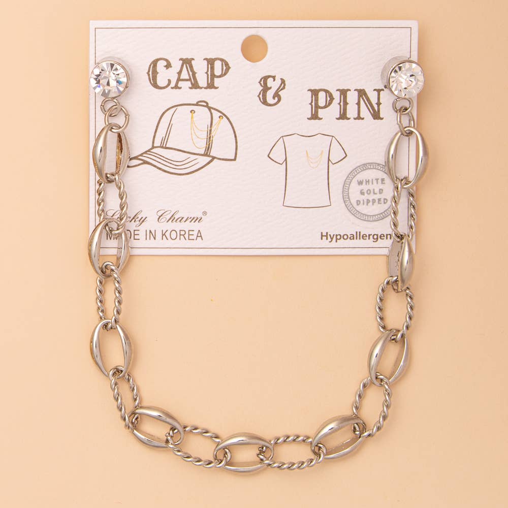 Crystal Embellished Textured Oval Link Cap Chain and Pin : Gold