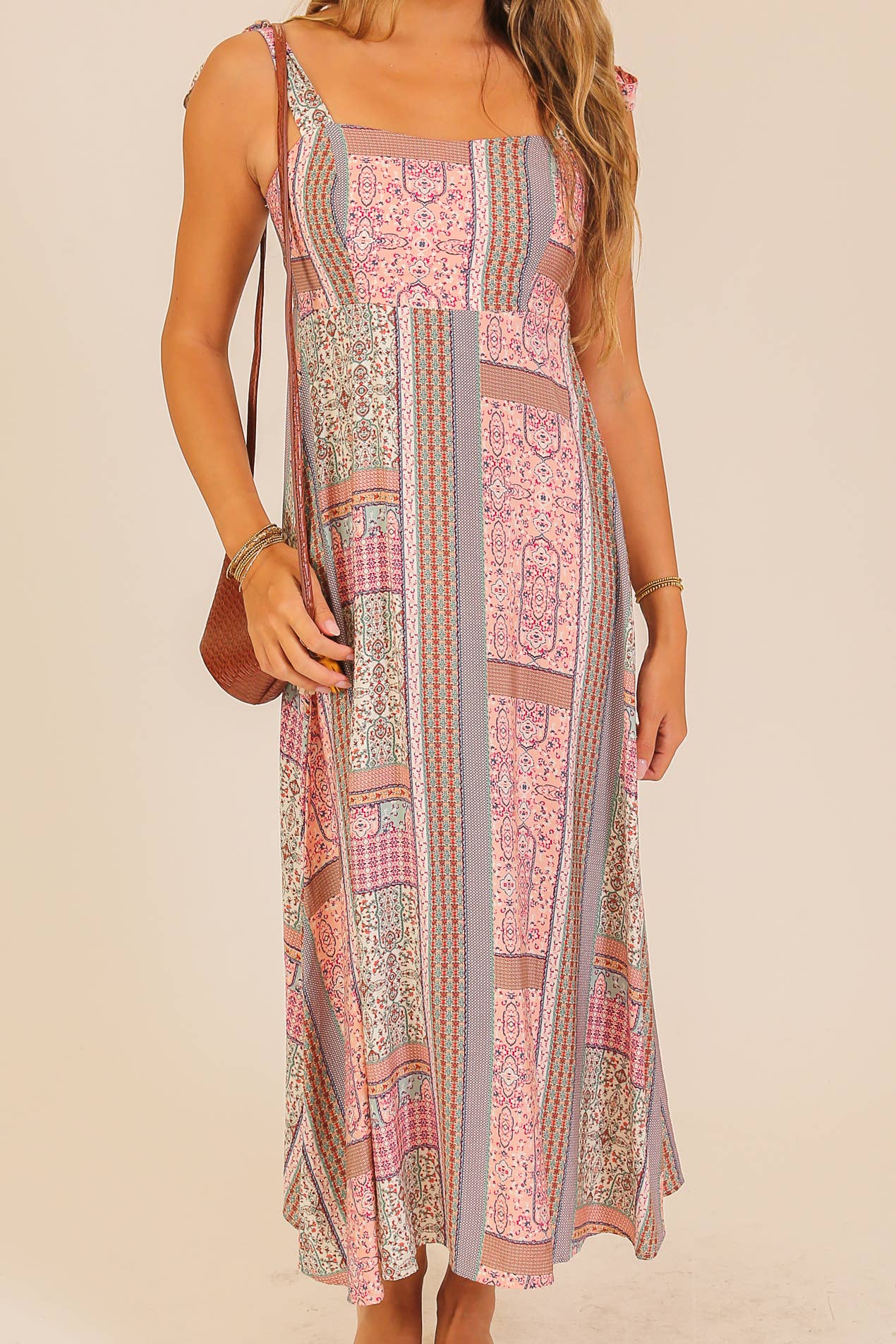 Patchwork Tie-Shoulder Maxi