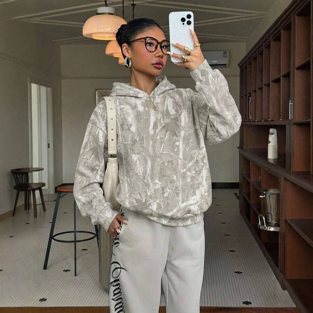 Leopard Hoodie Oversized Casual Pullover Sweatshirt: Gray Leopard / 65%viscose+35%polyester / M