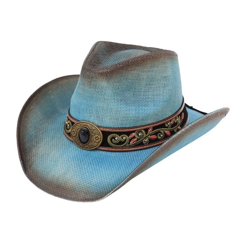 Western Embroidered Strap Washed Straw Cowboy Hat