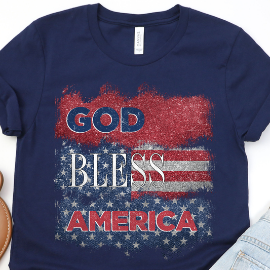 God Bless America Glitter Navy Graphic Tee: XL