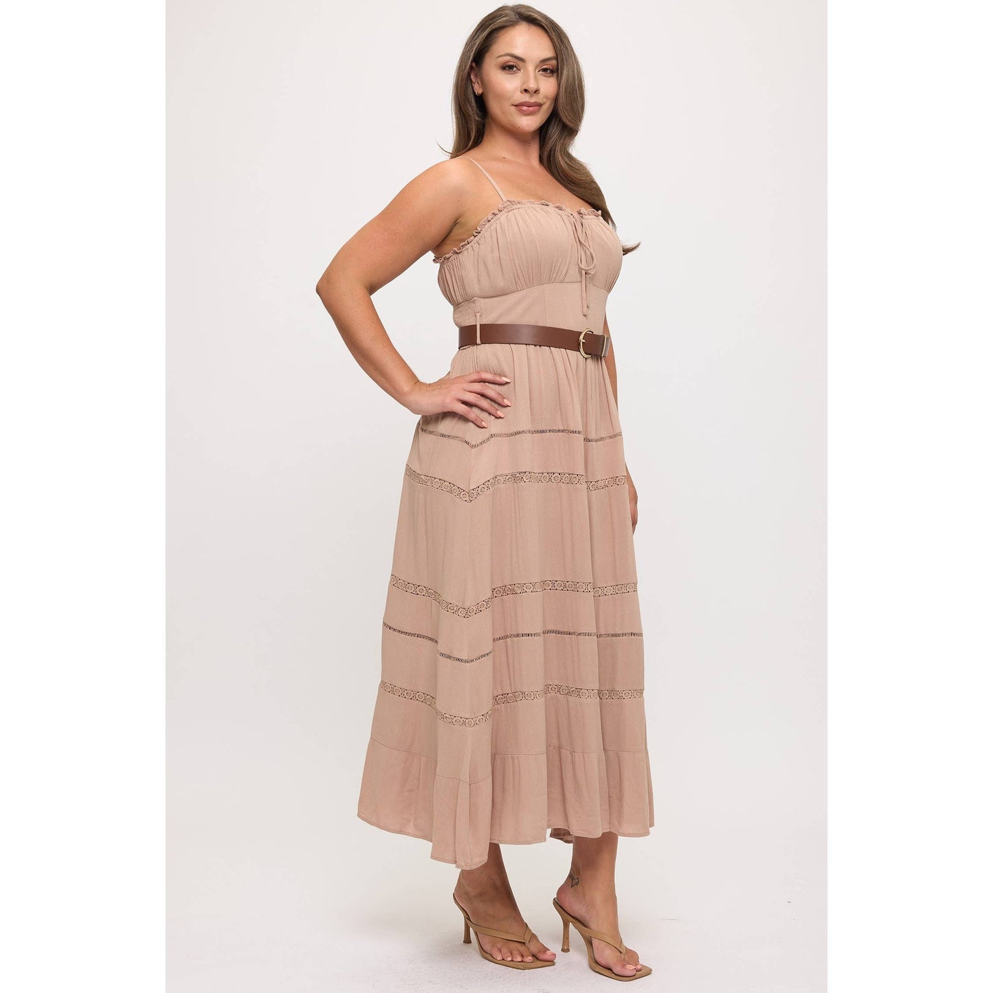 PLUS SIZE TIERED CROCHET LACE TRIM DETAIL BELTED MAXI DRESS