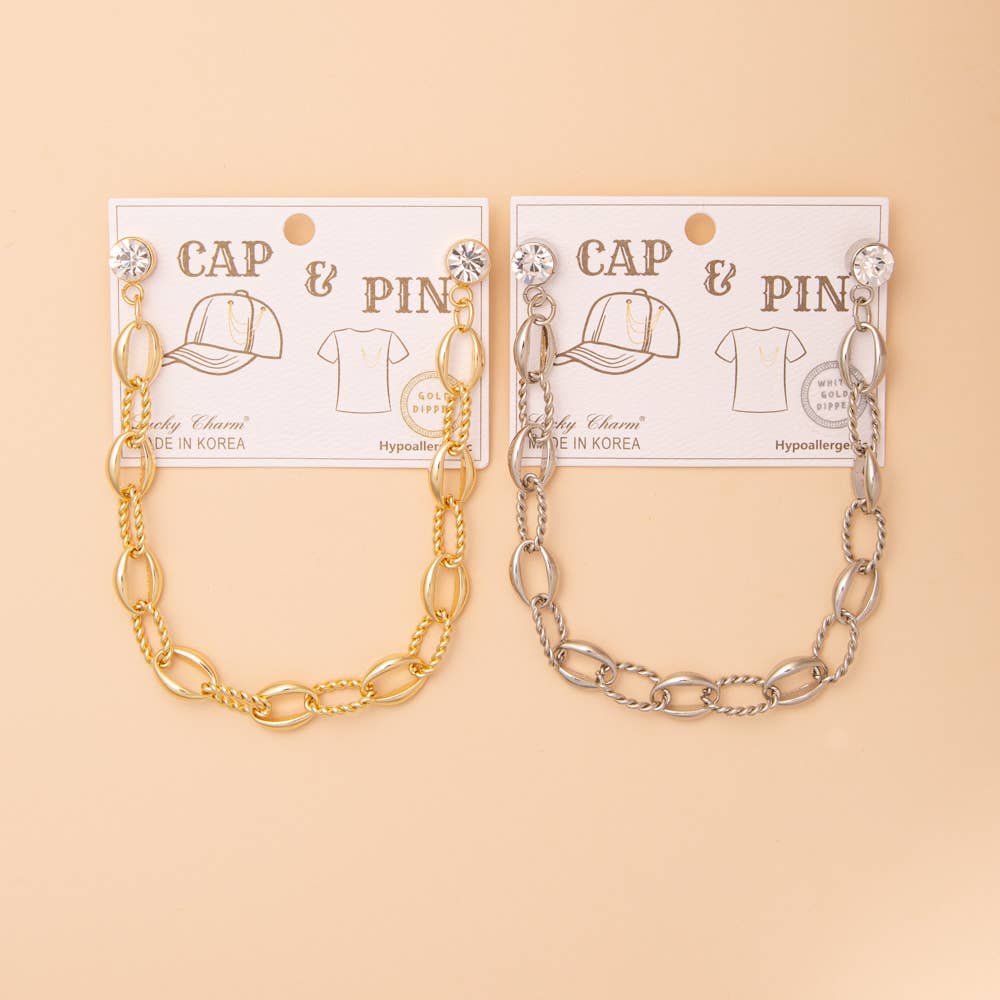 Crystal Embellished Textured Oval Link Cap Chain and Pin : Gold