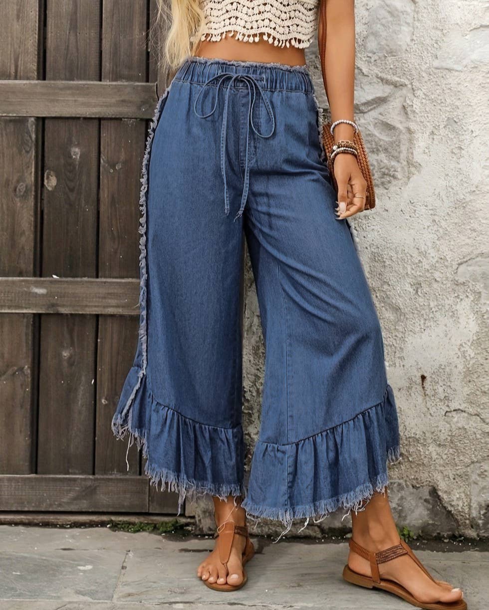 Ruffle Frayed Denim Palazzos