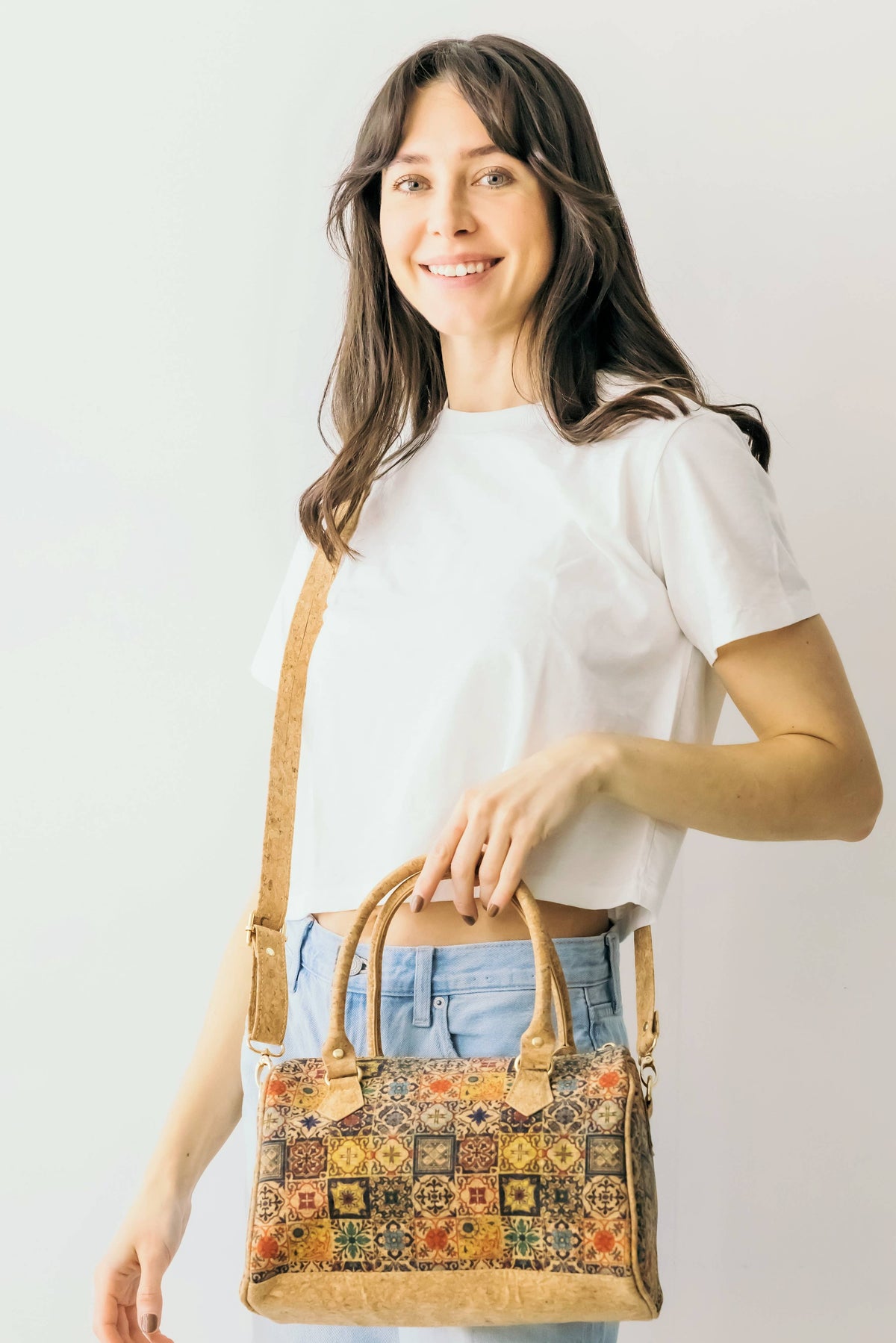 Mosaic Floral Crossbody Cork Bag