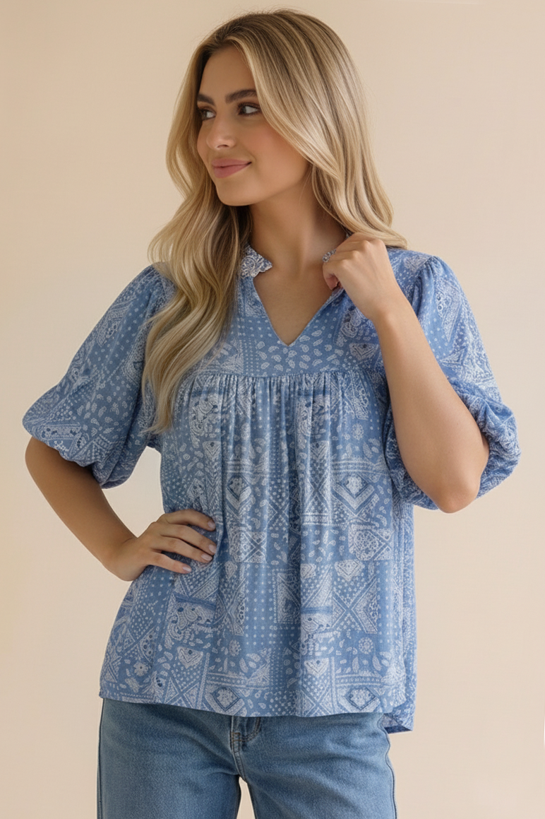 Paisley Boho Print Bubble Sleeve Blouse