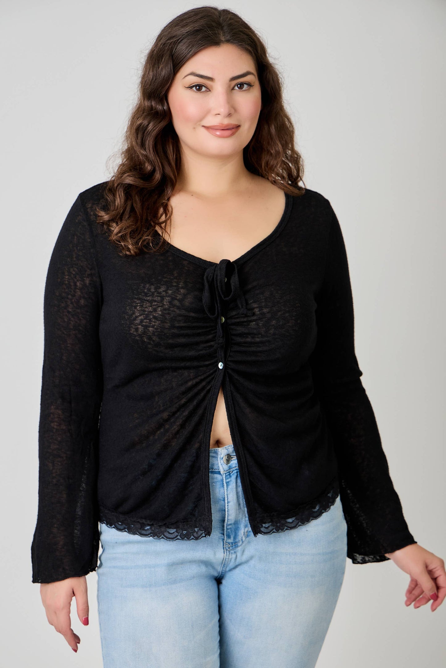 Plus Size Lightweight Knit Front Tie-Front Cardigan