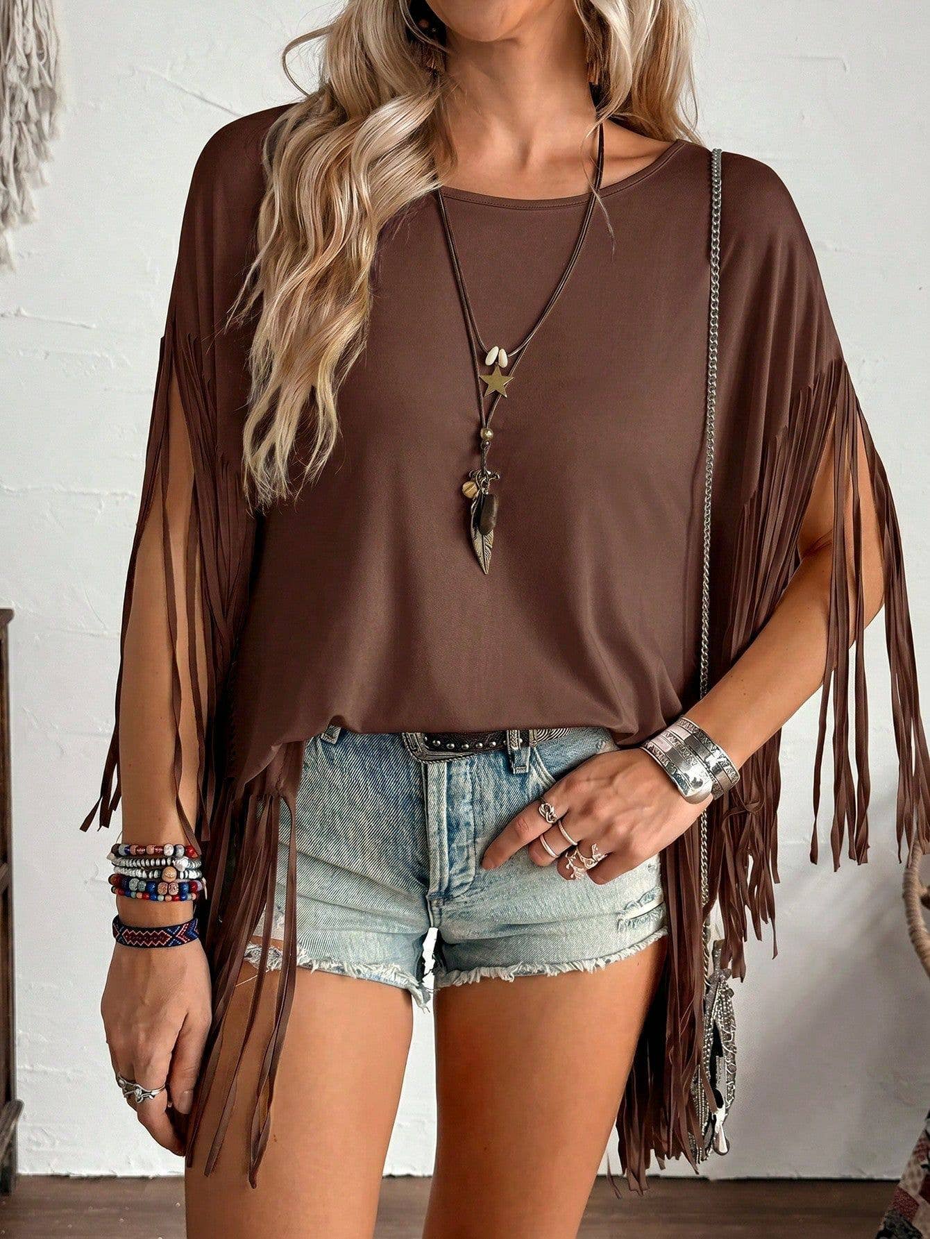 Western Country Concert Fringe Tassel Poncho Top: Coffee / XL