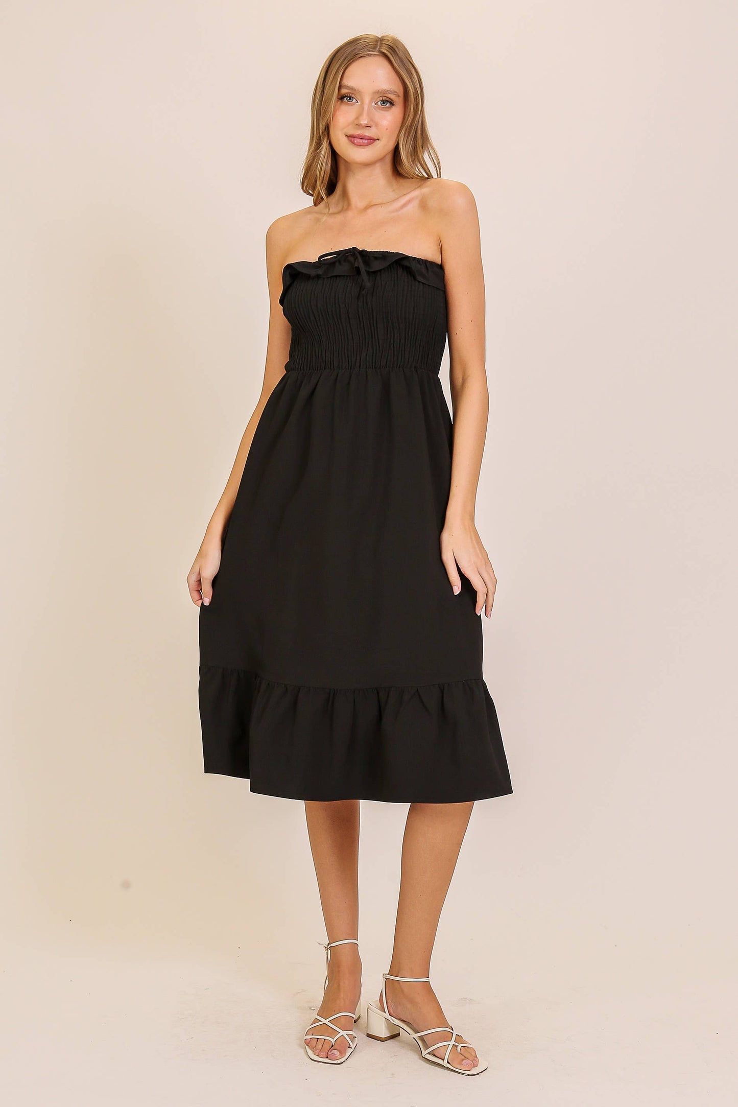 Breezy Strapless Smocked Midi Dress