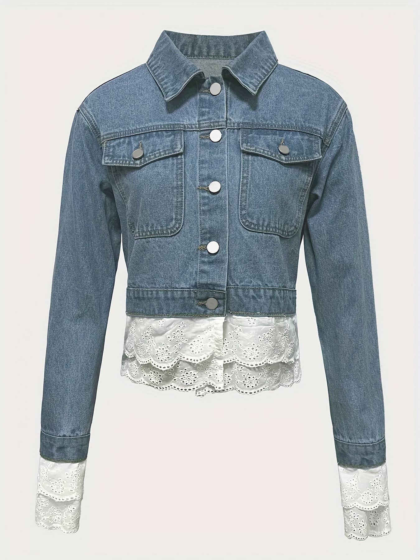Lace Hem Patchwork Cropped Denim Jacket: DarkGray / XL