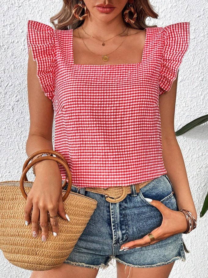 Gingham Square Neck Ruffle Sleeve Blouse