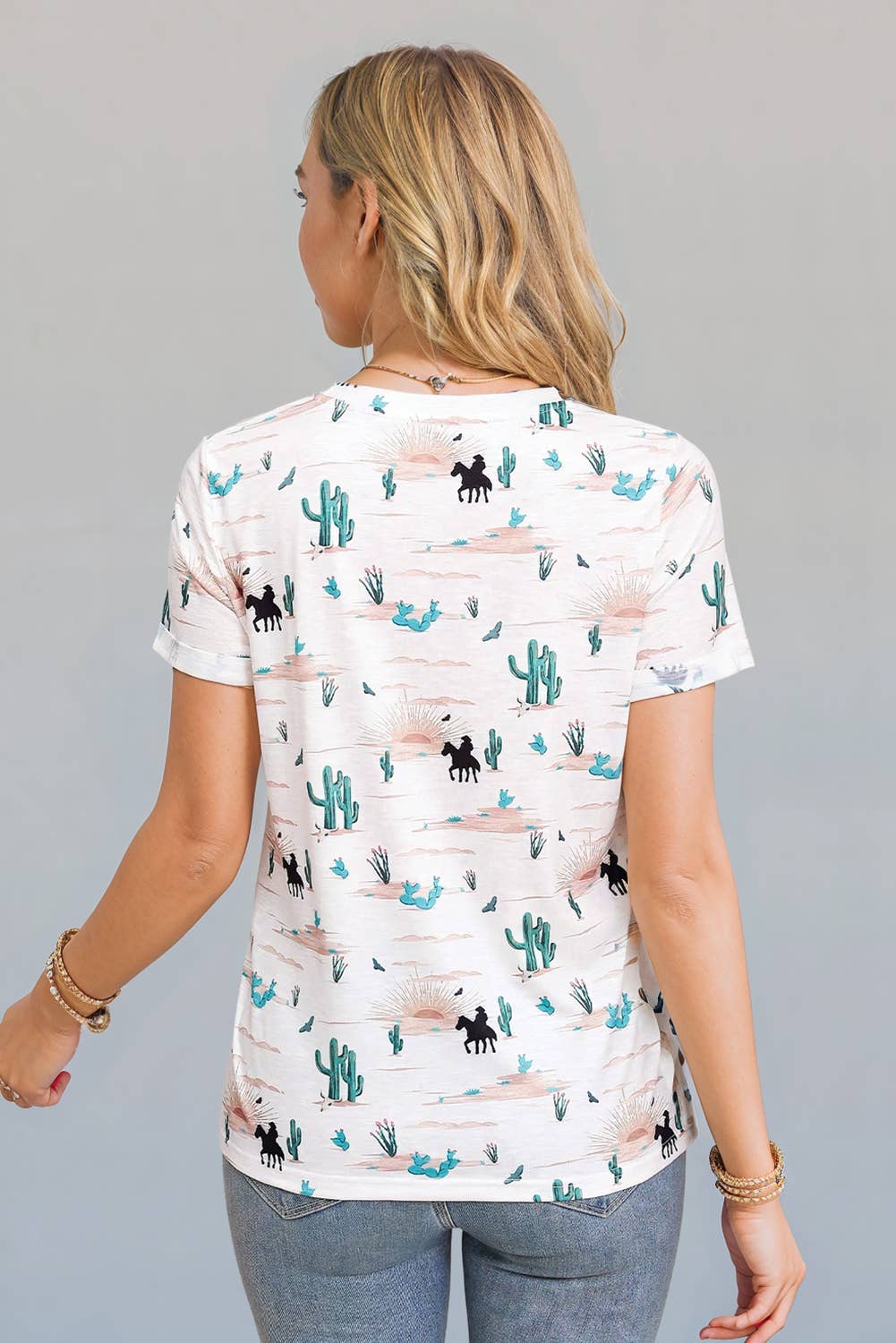Western Cactus Print Short Sleeve Top