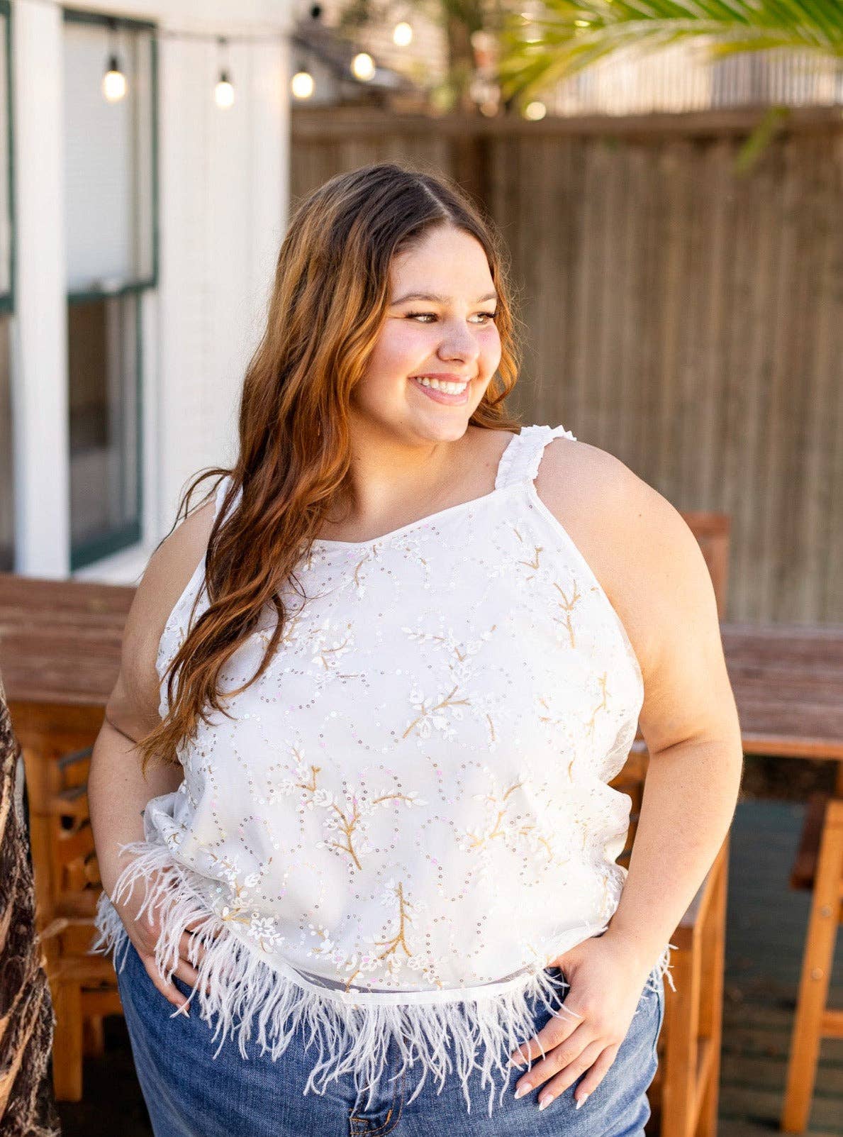 Mesh Top with Feathers, White