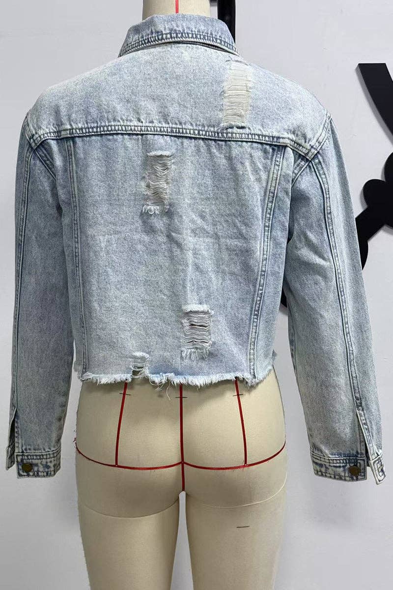 Distressed Casual Denim Jacket: BLUE / XL