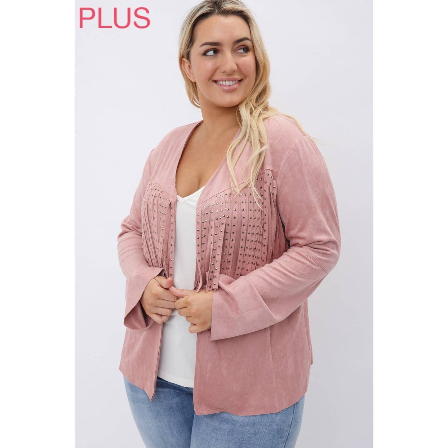 CURVY SUEDE NAILHEAD FRINGED JACKET