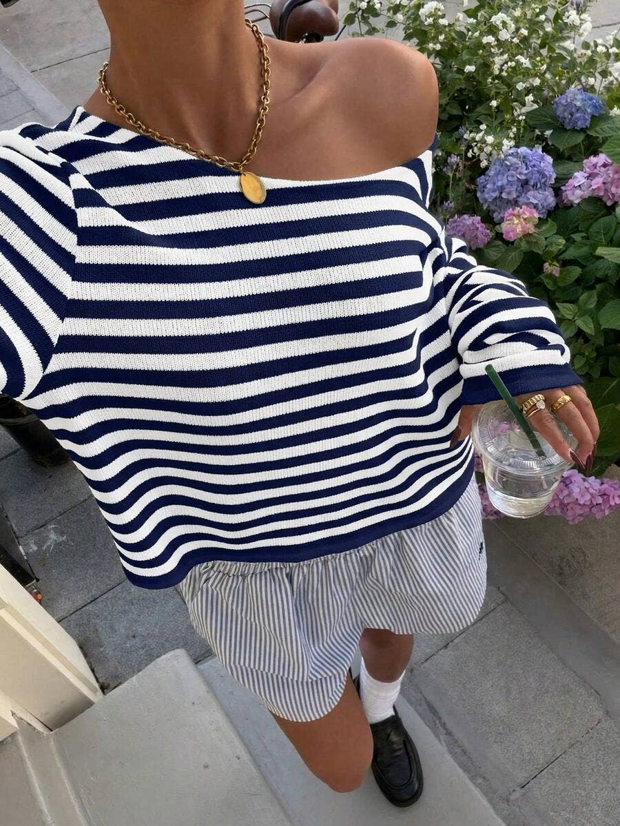 Effortless Chic Off Shoulder Contrast Striped Knit Top: Khaki / M