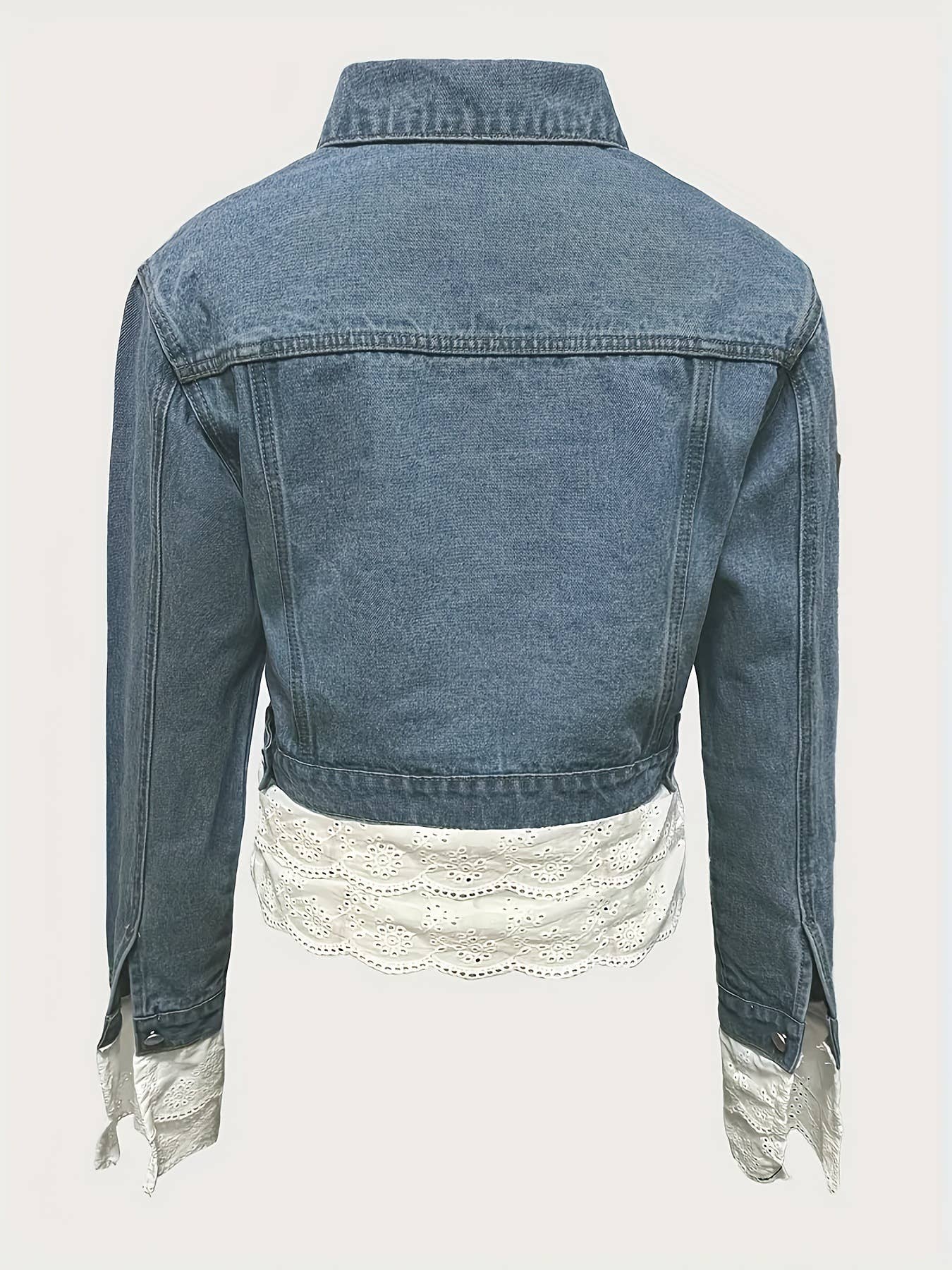 Lace Hem Patchwork Cropped Denim Jacket: DarkGray / XL