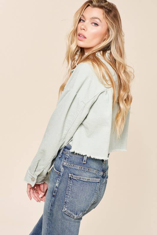 Washed Raw-Edge Hem Corduroy Collared Jacket