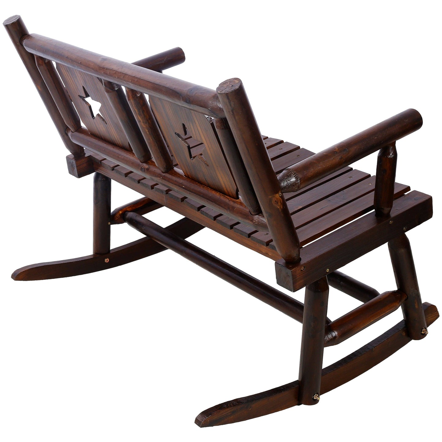 Rustic Brown Outdoor Wood Double Rocking Bench