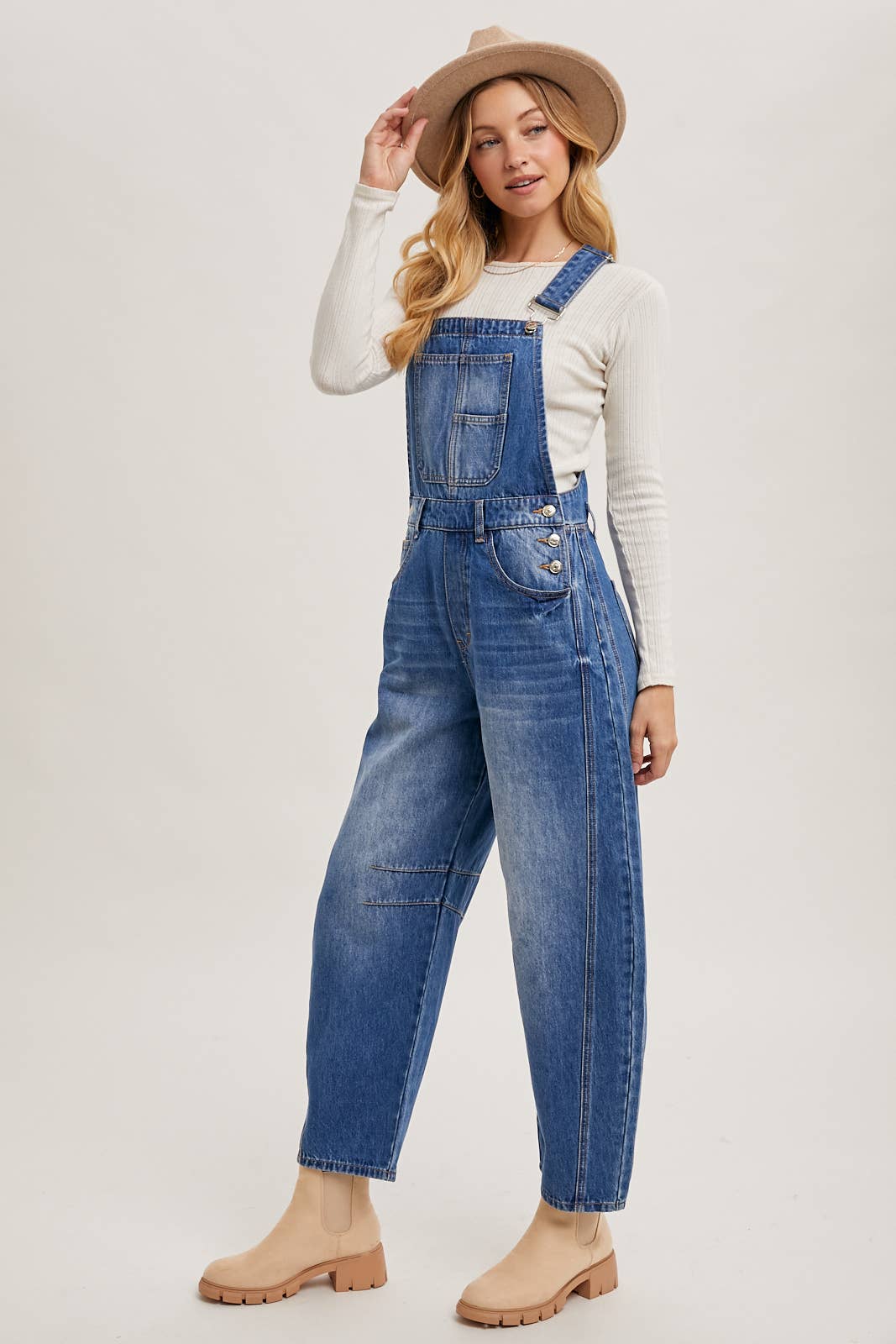 DENIM BARREL OVERALLS: LT.WASH / L
