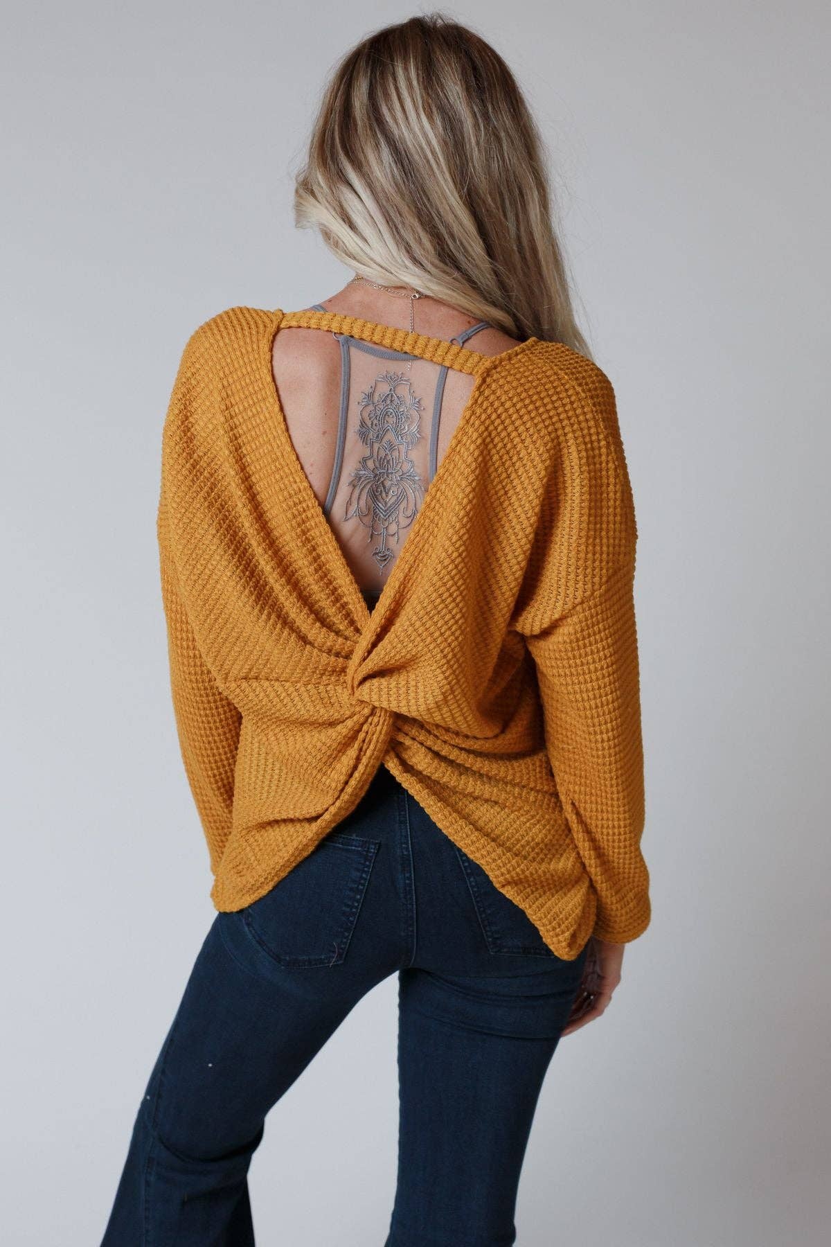 Flattering Open Back Fall Thermal Knit Top - Mustard: M