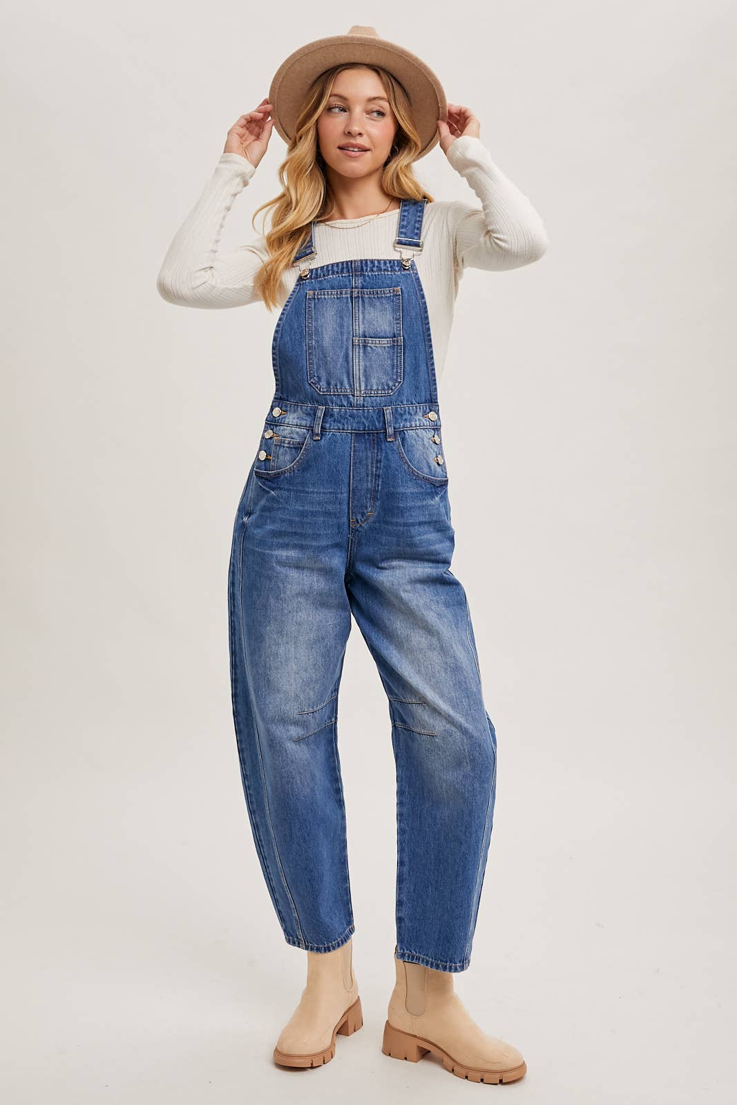 DENIM BARREL OVERALLS: LT.WASH / L