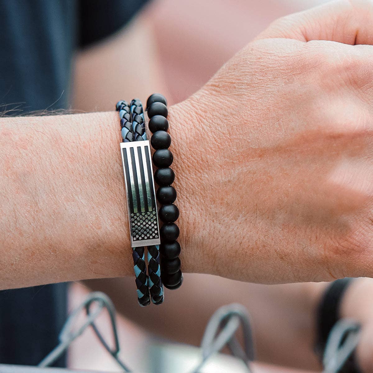 Men's Bracelet Flag Wrap Braided Bead: Black/Blue/Silver