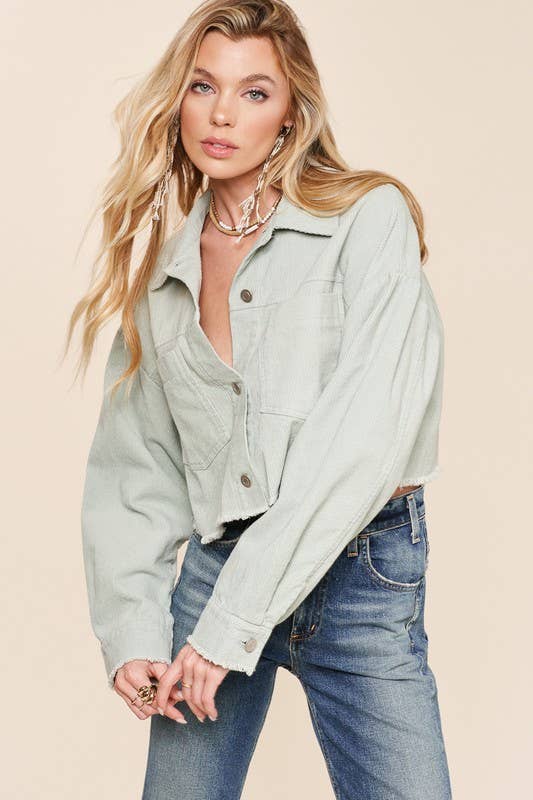 Washed Raw-Edge Hem Corduroy Collared Jacket