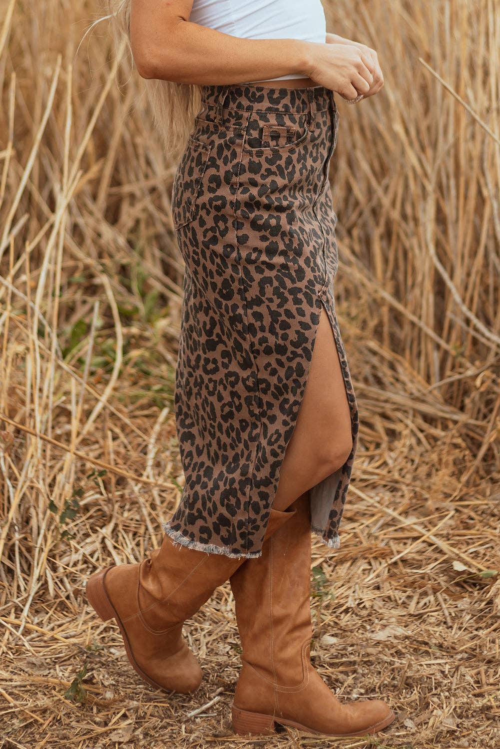Brown Leopard Denim Frayed Split Denim Midi Skirt
