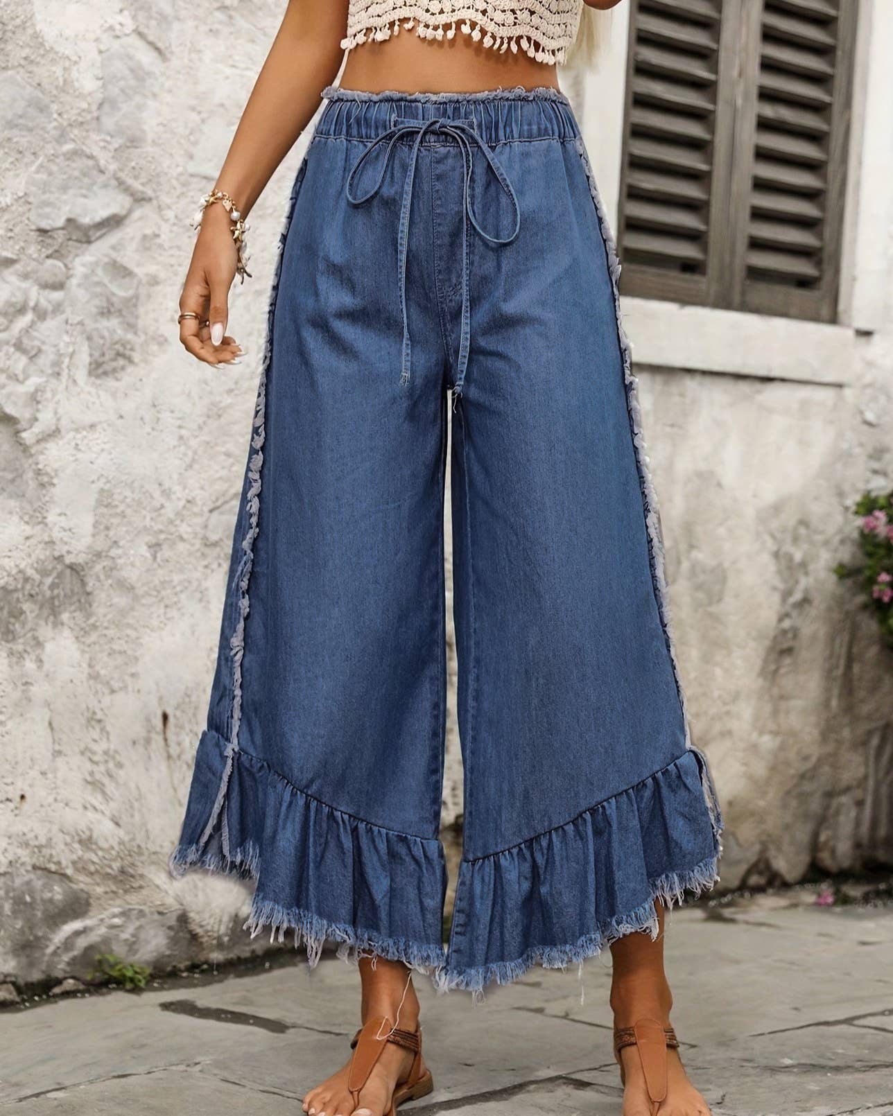 Ruffle Frayed Denim Palazzos