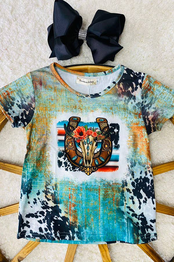 XCH0722-102H Horse shoe & bull skull printed girls t-shirt: XXXL-7/8