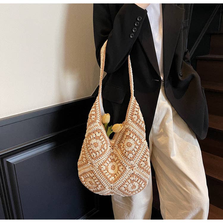 Crochet Knit Tote Bag Boho Shoulder Bag for Women: Khaki