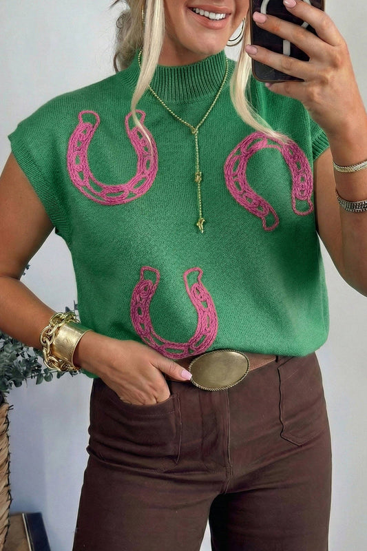 Western Horseshoe Knit Top Mock Neck Sweater Vest
