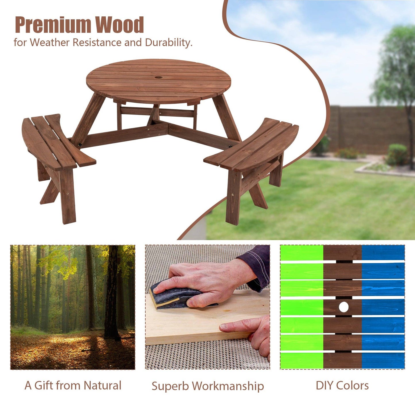 6-Person Outdoor Wooden Picnic Table with Benches–Brown/Natu: Brown