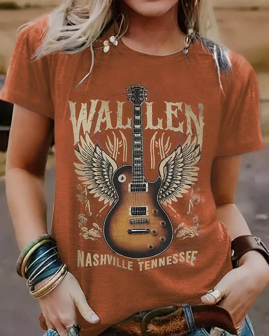 Cozy Guitar Print Crew Neck Short Sleeve T-Shirt (PREORDER)