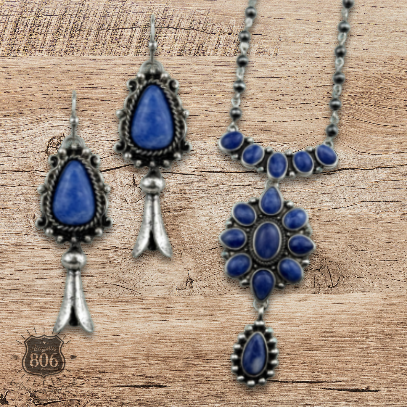 Denim Stone Pendant Necklace Set