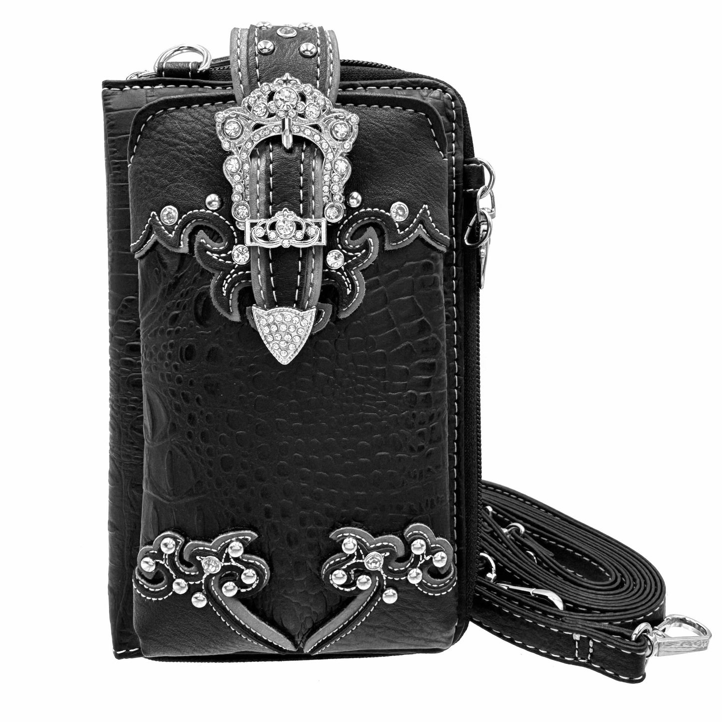 Croc Leather Buckle Western Crossbody Phone Wallet: Black
