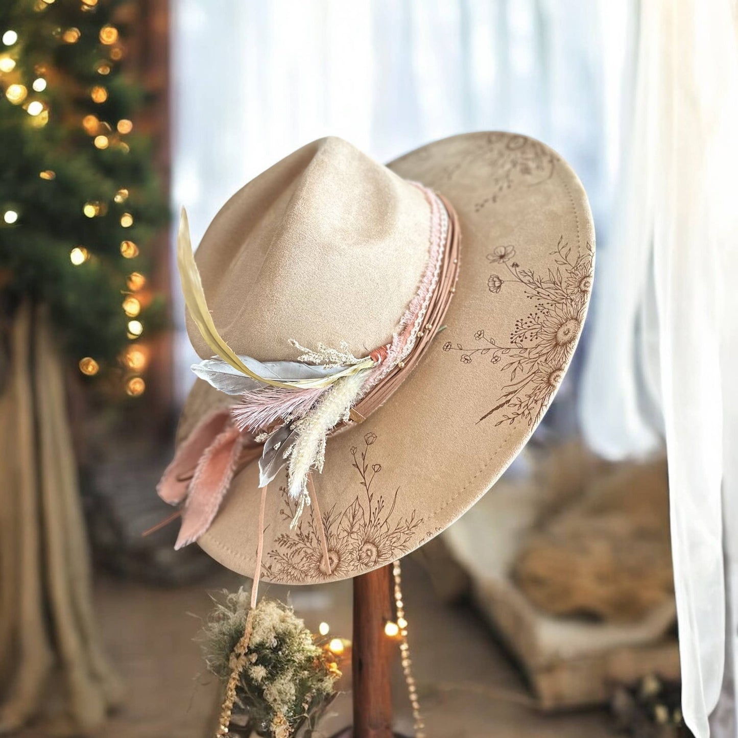 Suede Rancher Hat, Cowboy Hat | Sunflower Floral Brim: Tan
