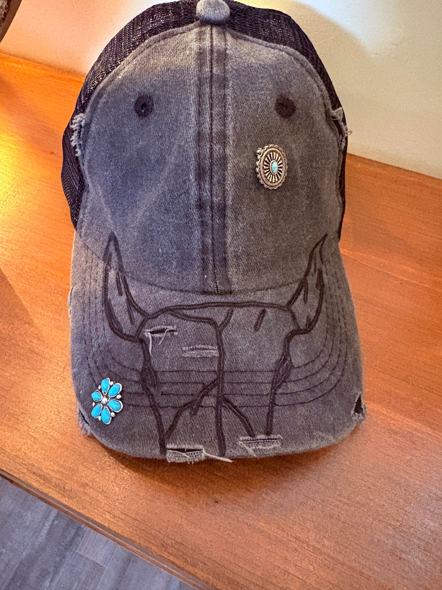 Customed Burned Trucker Hat- Steer Skull