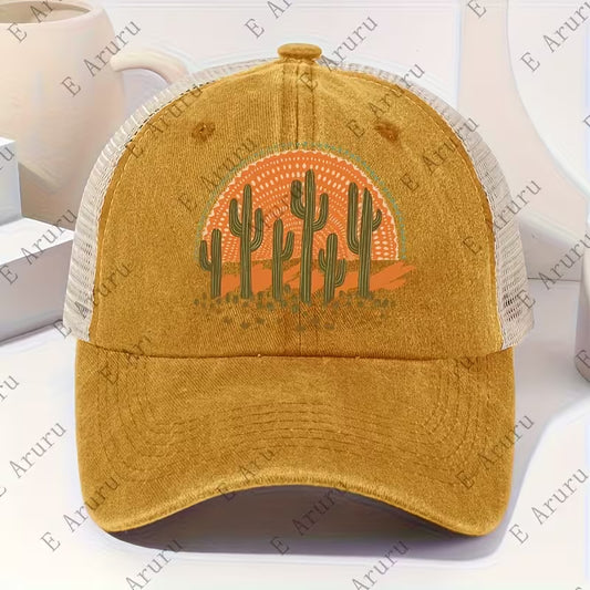 Vintage Washed Baseball Cap with Desert Cactus - Yellow